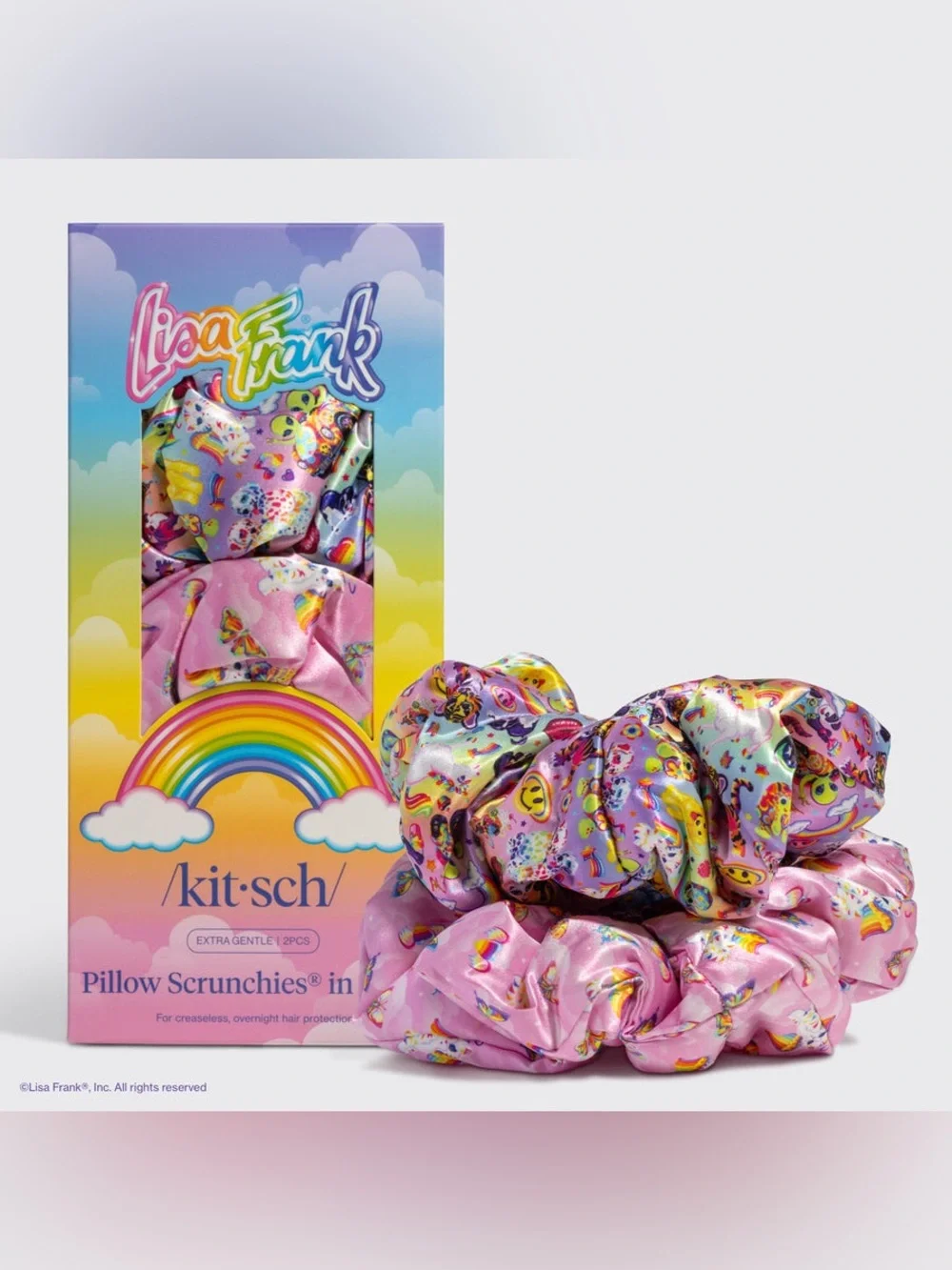 Kitsch x Lisa Frank Pillow Scrunchie In Satin 2 Piece Set~Oversized~New In Box!